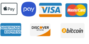 A collection of six payment method logos in two rows: Visa and MasterCard on the top, and American Express, Discover Network, and Bitcoin on the bottom, all displayed on a gray and white rectangular background.